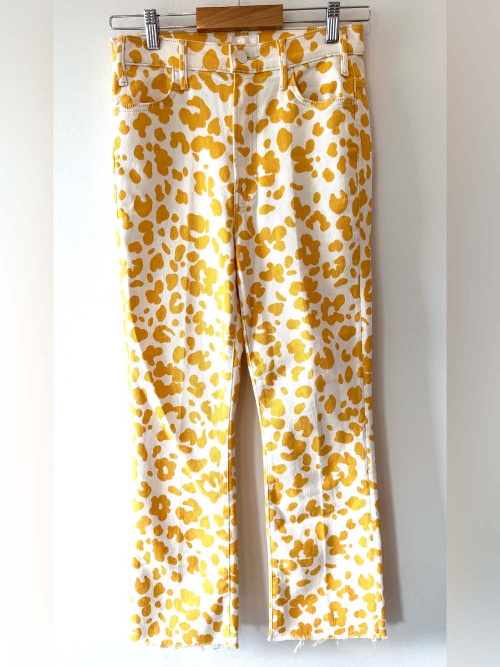 MOTHER The Hustler Ankle Fray Jeans Second Chance Yellow Leopard Print Size 27